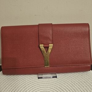Saint Laurent Y Clutch in Red Pebbled Calfskin Leather with Gold Hardware